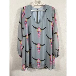 Show Me Your Mumu Donna Michelle Tunic Mini Dress Bull Skull Gray Cowgirl